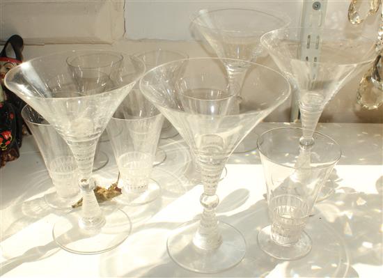 Eight Lalique Bourgeuil pattern glasses and four Lalique Martini glasses, 9.5cm and 15cm, Martini glasses crizzled